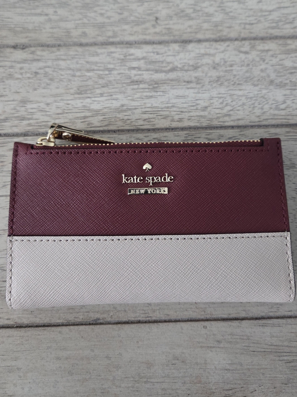kate spade Two-Tone Burgundy and Light Gray Zip Card Wallet